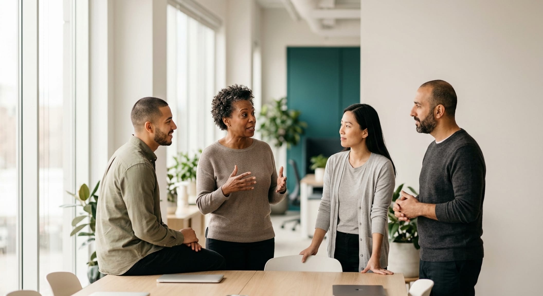 A small team talking through their week around a table